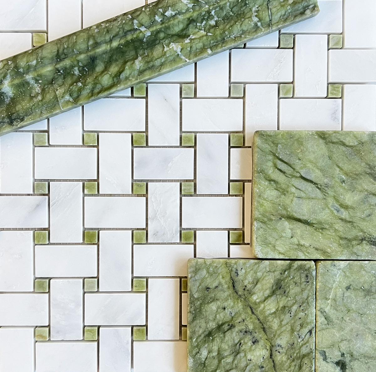 Basketweave Mosaic White Statuary Calacatta, Green Olivine Polished - Image 3