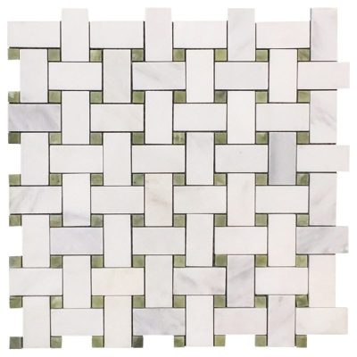 Basketweave Mosaic White Statuary Calacatta, Green Olivine Polished