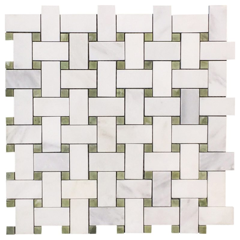 Basketweave Mosaic White Statuary Calacatta, Green Olivine Polished