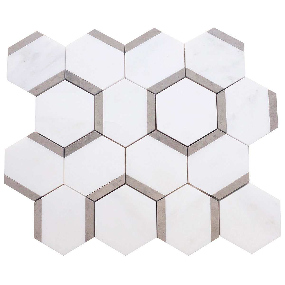 Honeycomb Hexagon 2. White Statuary Calacatta, Ash Grey Honed