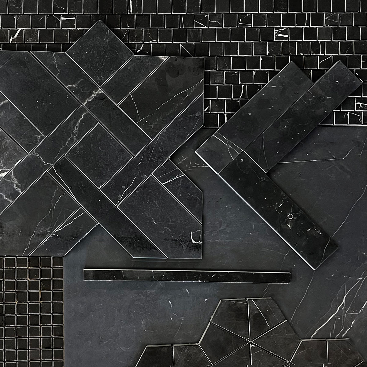 3/4" x 3/4" Staggered Mosaic Nero Marquina Honed - Image 3
